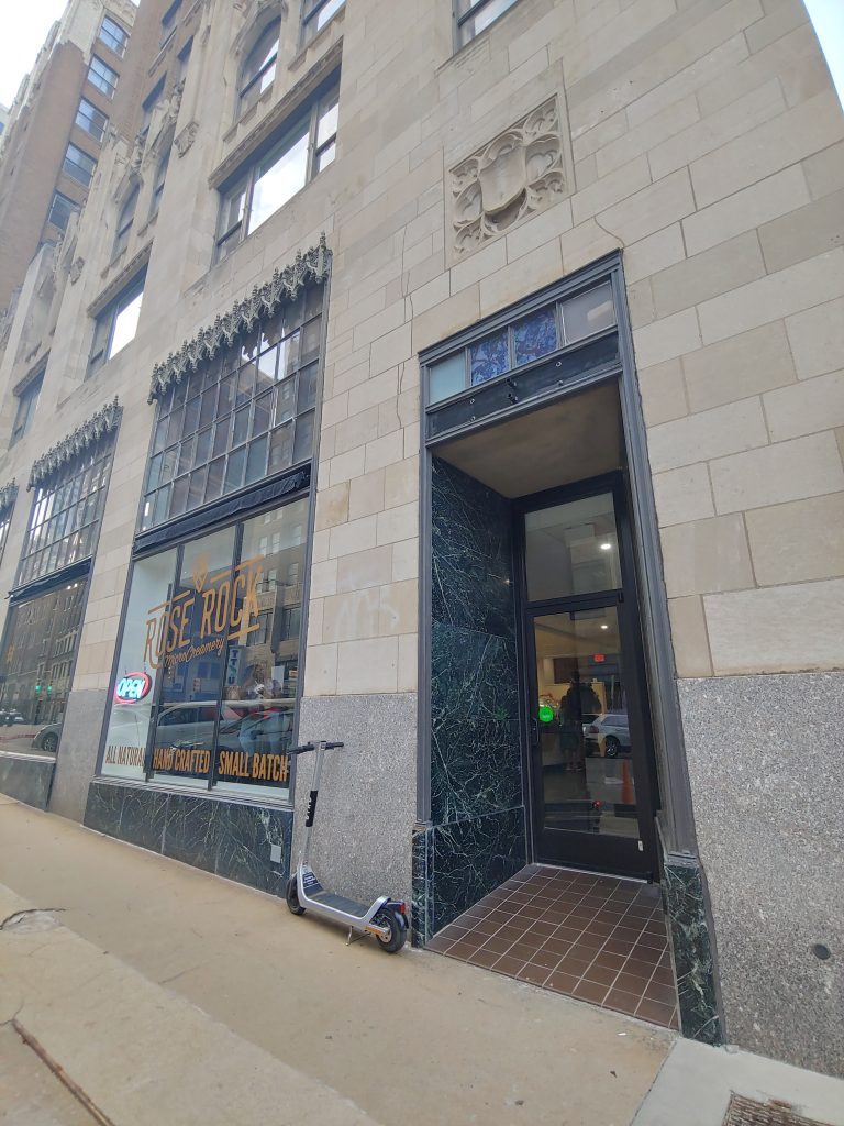 The doorway to Rose Rock Microcreamery, showing a ramp to the door.
