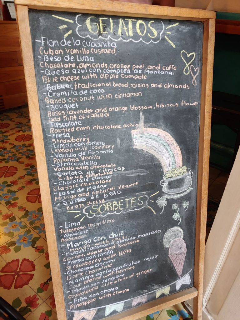 The gelato flavors at Pola in Merida, Mexico.
