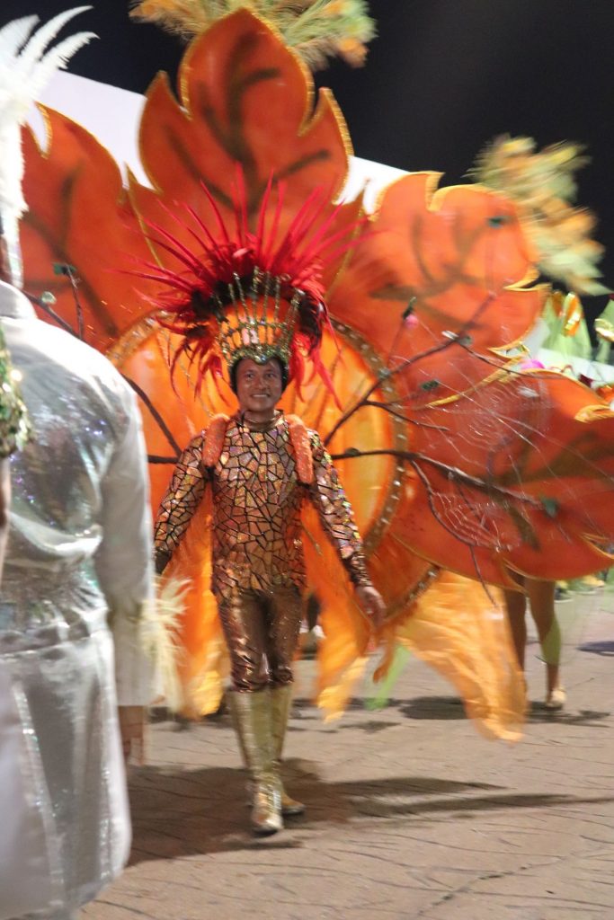 At the Cozumel Carnaval parade a young latino man wearing an orange and metallic gold costume walks down the street. He has a 10 ft. wide and tall backpiece that looks like orange leaves with attached orange feather plumes. His 2 foot tall headpiece has a gold frame with red and black feathers. He has a patterned gold metallic long sleeved outfit with gold metallic knee high boots for his Cozumel Carnaval parade costume. He smiles as he walks.