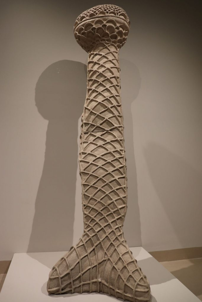 Modern sculpture piece on display in the Cozumel museum gallery.