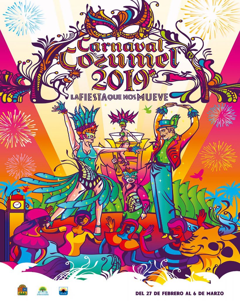 Promotional poster for Cozumel Carnaval in 2019. Design features dancers, fireworks and the clock tower. Colors of bright pink and orange dominate the design.